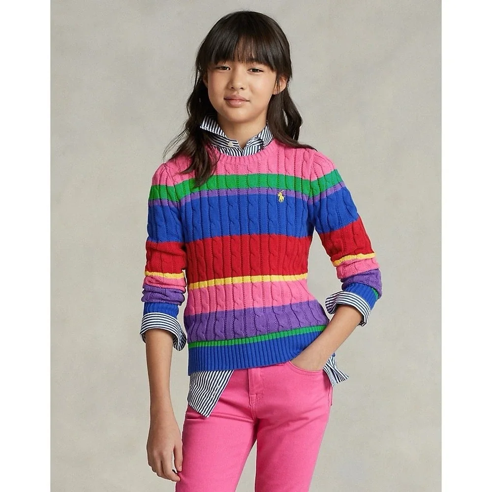 Polo Ralph Lauren Girls Striped Cable Knit Sweater Rainbow Cotton M 8-10